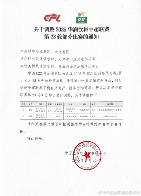 中超赛程因U23亚预赛调整，媒体人：这种赛程调整真的有必要吗？